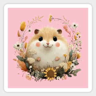 Chubby Hamster in a Sunflower Wreath - Pet Owner Folk Art Magnet
